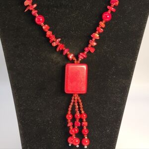 Coral Red Beaded Tassel Pendant Necklace